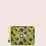 MINI POCHETTE EFFEK IN NEOPRENE VERDE CON FANTASIA DI FIORI VIOLA