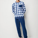 PIGIAMA UOMO GISELA IN PILE SNOOPY A SCACCHI BLU