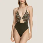 COSTUME DONNA 4GIVENESS ESTATE 2024 INTERO NEL VERDE MILITARE CON TESSUTO TRAFORATO E PAILLETTES