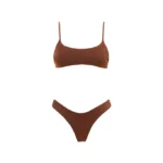 COSTUME DONNA MATINEE ESTATE 2025. TOP CON IMBOTTITURA ESTRAIBILE, BRETELLINA REGOLABILE E BRASILIANA. COLORE MARRONE RUM