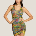 ABITO CORTO DONNA 4GIVENESS DELLA STAGIONE ESTATE 2025. ABITO A CANOTTA CON COULISSE LATERALE ALLA GONNA. FANTASIA SNAKE