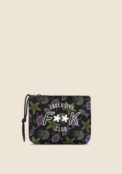 POCHETTE MARE EFFEK IN NEOPRENE DELLA COLLEZIONE ESTATE 2025. BASE NERA CON DISEGNI LEGGERI COLORATI