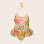 costume bimba baby effek della stagione estate 2025. Intero con frappa nella fantasia rosa tropicale