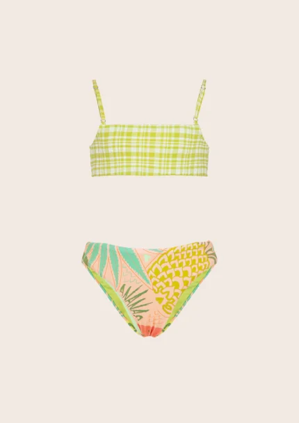 COSTUME BIMBA EFFEK DELLA STAGIONE ESTATE 2025. TOP A SCACCHI VERDE E BIANCO E SLIP A FANTASIA ROSA TROPICALE