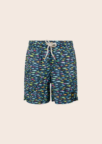 COSTUME BIMBO EFFEK A PANTALONCINO DELLA STAGIONE ESTATE 2025. BASE BLU CON FANTASIA DI PESCIOLINI COLORATI