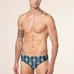 COSTUME OMO EFFEK A SLIP DELLA COLLEZIONE ESTATE 2025. BASE BLU CON FANTASIA TRIBALE BEIGE