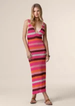 VESTITO MIDI DONNA ME FUI DELLA STAGIONE ESTATE 2025. IN MAGLIA A RIGHE NEI COLORI DEL ROSA, MARRONE ED ARANCIO