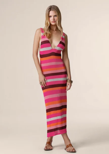VESTITO MIDI DONNA ME FUI DELLA STAGIONE ESTATE 2025. IN MAGLIA A RIGHE NEI COLORI DEL ROSA, MARRONE ED ARANCIO
