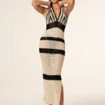 Abito traforato donna Copricostume elegante nero e beige Abito estivo trasparente Abito da mare lungo con righe Abito crochet estivo Abito Effek estate 2025 Vestito sexy da spiaggia Look boho chic donna Abito vedo non vedo Outfit estivo da aperitivo