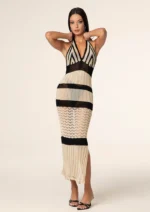 Abito traforato donna Copricostume elegante nero e beige Abito estivo trasparente Abito da mare lungo con righe Abito crochet estivo Abito Effek estate 2025 Vestito sexy da spiaggia Look boho chic donna Abito vedo non vedo Outfit estivo da aperitivo