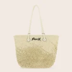 BORSA MARE EFFEK IN RAFIA DELLA STAGIONE ESTATE 2025 IN RAFIO BEIGE CHIARO CON MANICO LUNGO E LOGO RICAMATO NERO