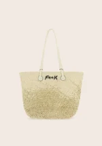 BORSA MARE EFFEK IN RAFIA DELLA STAGIONE ESTATE 2025 IN RAFIO BEIGE CHIARO CON MANICO LUNGO E LOGO RICAMATO NERO