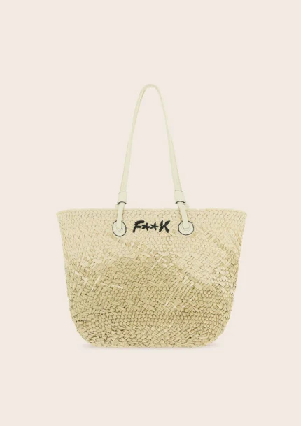 BORSA MARE EFFEK IN RAFIA DELLA STAGIONE ESTATE 2025 IN RAFIO BEIGE CHIARO CON MANICO LUNGO E LOGO RICAMATO NERO