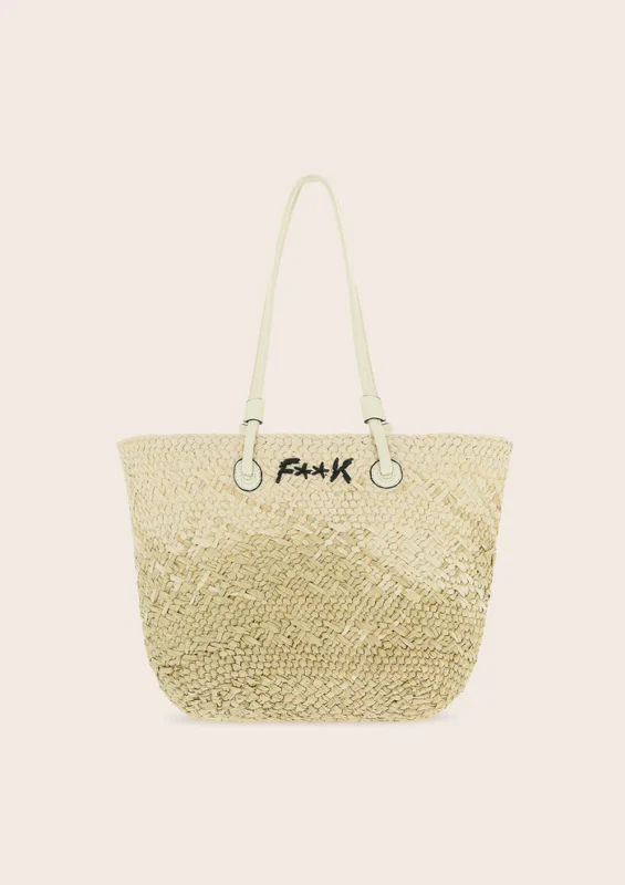BORSA MARE EFFEK IN RAFIA DELLA STAGIONE ESTATE 2025 IN RAFIO BEIGE CHIARO CON MANICO LUNGO E LOGO RICAMATO NERO