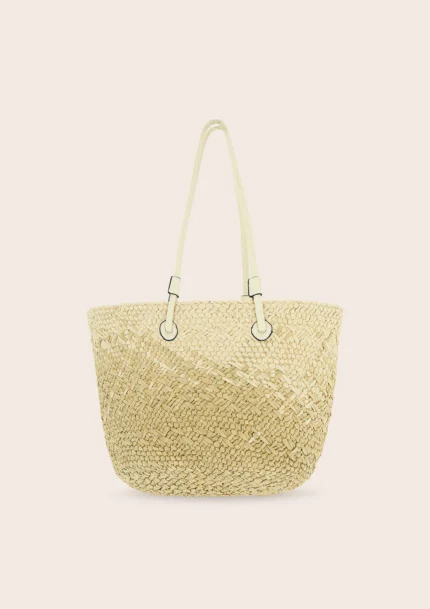 BORSA MARE EFFEK IN RAFIA DELLA STAGIONE ESTATE 2025 IN RAFIO BEIGE CHIARO CON MANICO LUNGO E LOGO RICAMATO NERO