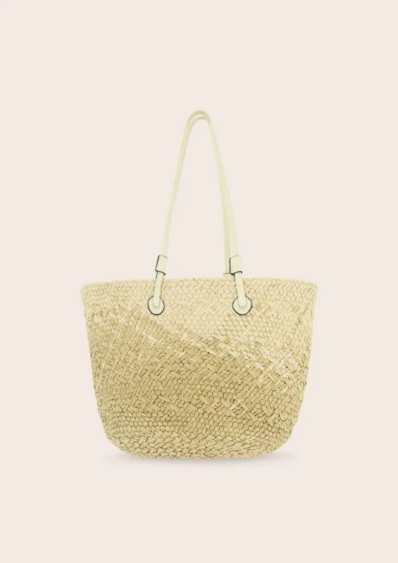 BORSA MARE EFFEK IN RAFIA DELLA STAGIONE ESTATE 2025 IN RAFIO BEIGE CHIARO CON MANICO LUNGO E LOGO RICAMATO NERO