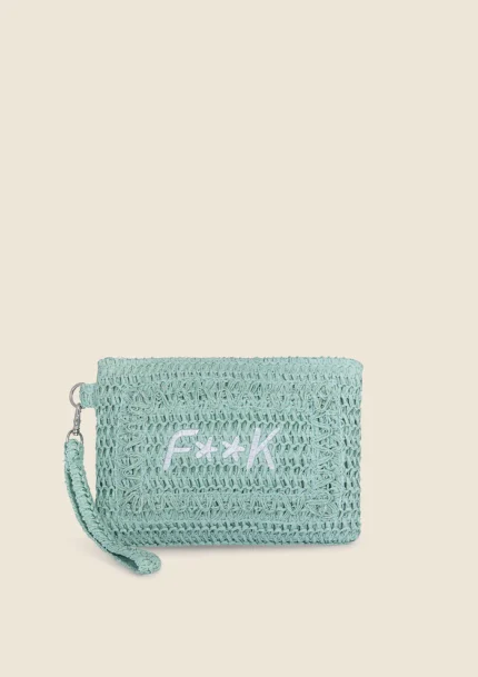 POCHETTE MARE DONNA EFFEK DELLA STAGIONE ESTATE 2025. IN RAFIA VERDE ACQUA CON LOGO RICAMATO, CERNIERA E LACCETTO PER PORTARLA AL POLSO