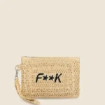 POCHETTE MARE EFFEK DONNA DELLA STAGIONE ESTATE 2025. IN RAFIA BEIGE CON LOGO RICAMATO NERO, ZIP E LACCETTO PER PORTARLA AL POLSO