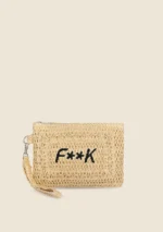 POCHETTE MARE EFFEK DONNA DELLA STAGIONE ESTATE 2025. IN RAFIA BEIGE CON LOGO RICAMATO NERO, ZIP E LACCETTO PER PORTARLA AL POLSO