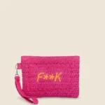 POCHETTE MARE EFFEK DELLA STAGIONE ESTATE IN RAFIA FUCSIA CON LOGO RICAMATO ARANCIO, ZIP E LACCETTO PER PORTARLA AL POLSO