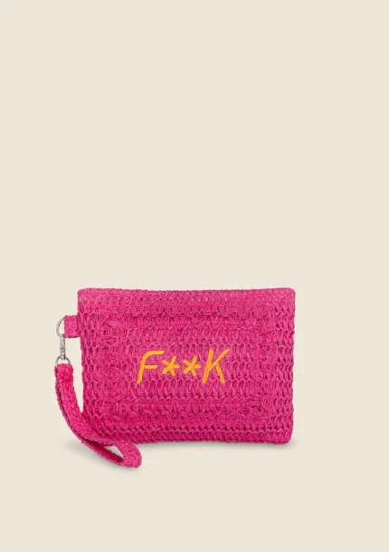 POCHETTE MARE EFFEK DELLA STAGIONE ESTATE IN RAFIA FUCSIA CON LOGO RICAMATO ARANCIO, ZIP E LACCETTO PER PORTARLA AL POLSO