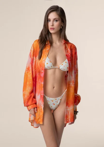 CAMICIONE ME FUI DONNA DELLA STAGIONE ESTATE 2025. 100% VISCOSA A MANICHE LUNGHE NEI COLORI DELL'ARANCIO E DEL ROSA