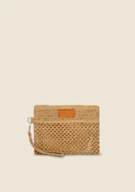 POCHETTE MARE ME FUI DELLA STAGIONE ESTATE 2025. IN RAFIA BEIGE CON CERNIERA E LACCETTO PER PORTARLA AL POLSO