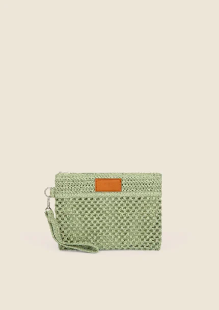 POCHETTE MARE DONNA ME FUI DELLA STAGIONE ESTATE 2025. IN RAFIA CON CERNIERA E LACCETTO PER POLSO NEL BELLISSIMO COLOR VERDE SALVIA