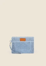 POCHETTE MARE DONNA ME FUI DELLA STAGIONE ESTATE 2025. IN RAFIA AZZURRA CON CERNIERA E LACCETTO PER PORTARLA AL POLSO