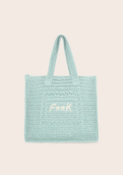 BORSA MARE EFFEK DELLA STAGIONE ESTATE 2025 QUADRATA IN RAFIA VEDE ACQUA CON LOGO RICAMATO BIANCO