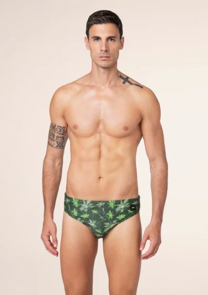 COSTUME UOMO EFFEK A SLIP DELLA COLLEZIONE ESTATE 2025. BASE VERDE MILITARE CON STAMPA DI PALME