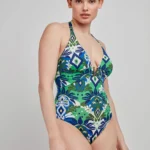 COSTUME DONNA INTERO GISELA A TRIANGOLO CON DETTAGLIO TRA LE COPPE IN FANTASIA VERDE E BLU