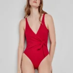 COSTUME DONNA INTERO GISELA TESSUTO A NIDO D'APE CON NODO SUL DAVANTI COLOR ROSSO