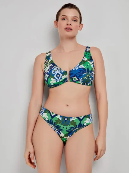 COSTUME DONNA GISELA A DUE PEZZI CON COPPA VUOTA CON FERRETTO, BRETELLINA REGOLABILE E CHIUSURA CON GANCIO. SLIP REGOLARE. FANTASIA VERDE E BLU