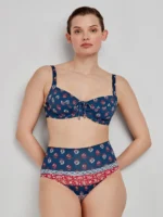 COSTUME DONNA A DUE PEZZI GISELA CON COPPA VUOTA, FERRETTO E BRETELLINA REGOLABILE. SLIP A VITA ALTA. FANTASIA ROSSA E BLU