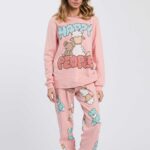 PIGIAMA DONNA HAPPY PEOPLE IN CALDO COTONE ROSA A GIROCOLLO CON MAGLIA E PANTALONI STAMPATI "HAPPY BEAR"