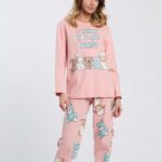 PIGIAMA DONNA HAPPY PEOPLE IN CALDO COTONE A GIROCOLLO "HAPPY BEAR" CON PANTALONE STAMPATO ROSA