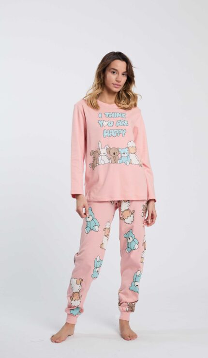 PIGIAMA DONNA HAPPY PEOPLE IN CALDO COTONE A GIROCOLLO "HAPPY BEAR" CON PANTALONE STAMPATO ROSA