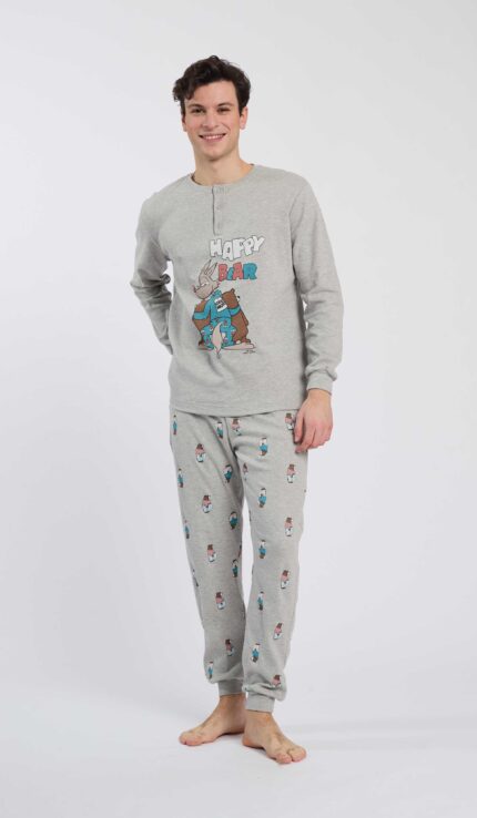 PIGIAMA UOMO HAPPY PEOPLE "HAPPY BEAR" IN CALDO COTONE GRIGIO CHIARO CON PANTALONE STAMPATO