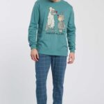 PIGIAMA UOMO HAPPY PEOPLE "in bocca al lupo" IN CALDO COTONE CON MAGLIA STAMPATA VERDE E PANTALONE A SCACCHI VERDE E BLU