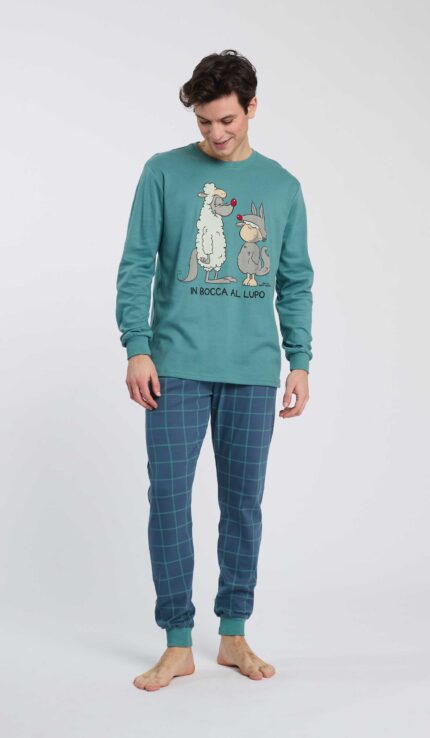 PIGIAMA UOMO HAPPY PEOPLE "in bocca al lupo" IN CALDO COTONE CON MAGLIA STAMPATA VERDE E PANTALONE A SCACCHI VERDE E BLU