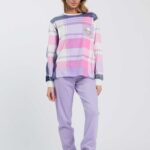 PIGIAMA DONNA HAPPY PEOPLE IN CALDO COTONE A GIROCOLLO "BUONGIORNO" MAGLIA A SCACCHI E PANTALONI LILLA