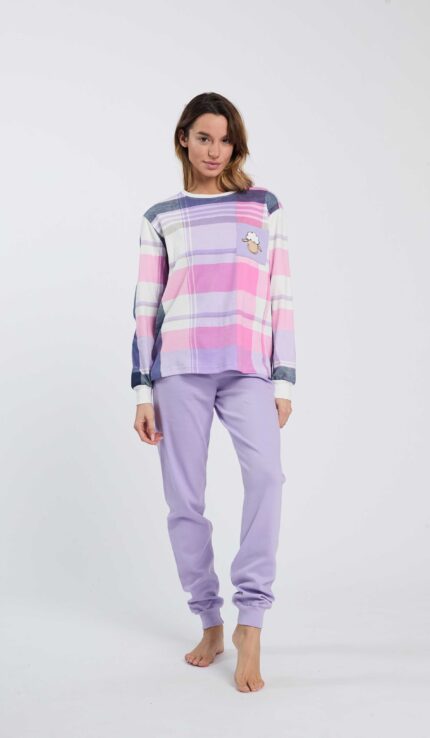 PIGIAMA DONNA HAPPY PEOPLE IN CALDO COTONE A GIROCOLLO "BUONGIORNO" MAGLIA A SCACCHI E PANTALONI LILLA