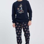 PIGIAMA UOMO HAPPY PEOPLE "SE SORRIDI TI SORRIDONO ANCHE I DENTI" IN CALDO COTONE BLU CON PANTALONI STAMPATI