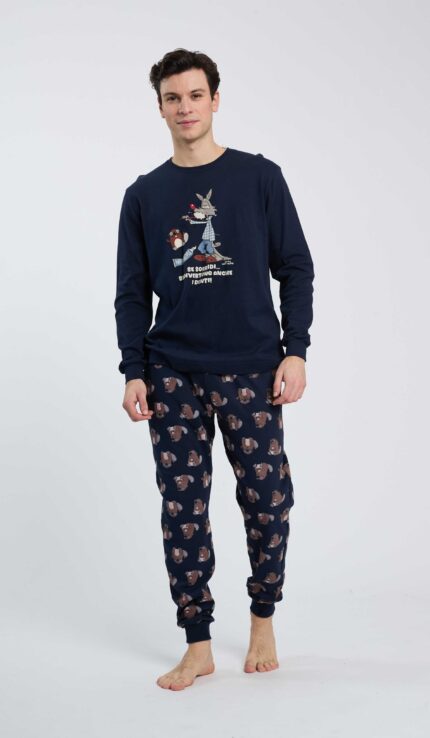 PIGIAMA UOMO HAPPY PEOPLE "SE SORRIDI TI SORRIDONO ANCHE I DENTI" IN CALDO COTONE BLU CON PANTALONI STAMPATI