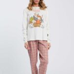 PIGIAMA DONNA HAPPY PEOPLE IN CALDO COTONE "SERATA GRATTINI" CON MAGLIA BIANCA CON STAMPA E PANTALONE E SCACCHI PICCOLI