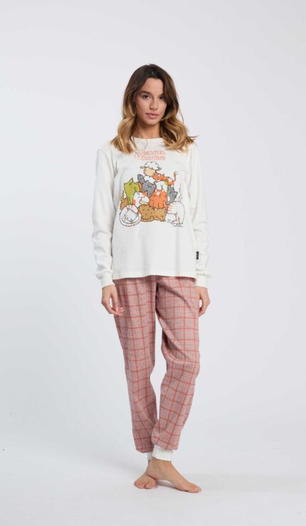 PIGIAMA DONNA HAPPY PEOPLE IN CALDO COTONE "SERATA GRATTINI" CON MAGLIA BIANCA CON STAMPA E PANTALONE E SCACCHI PICCOLI