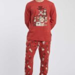 PIGIAMA UOMO HAPPY PEOPLE "TROVA L'INTRUSO" IN CALDO COTONE NEL COLOR MATTONE CON PANTALONI STAMPATI