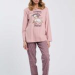PIGIAMA DONNA HAPPY PEOPLE "SLEPPING TALENT" IN CALDO COTONE CON MAGLIA ROSA STAMPATA E PANTALONE PIED E POULE ROSA E VIOLA