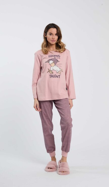 PIGIAMA DONNA HAPPY PEOPLE "SLEPPING TALENT" IN CALDO COTONE CON MAGLIA ROSA STAMPATA E PANTALONE PIED E POULE ROSA E VIOLA